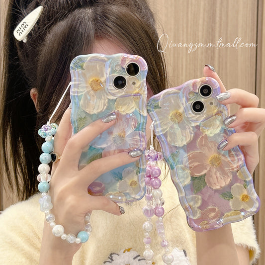 Accessories Wave Edge Glazed Retro Flowers for iphone13promax Mobile Phone Case Apple 14 with Bracelet 12pro