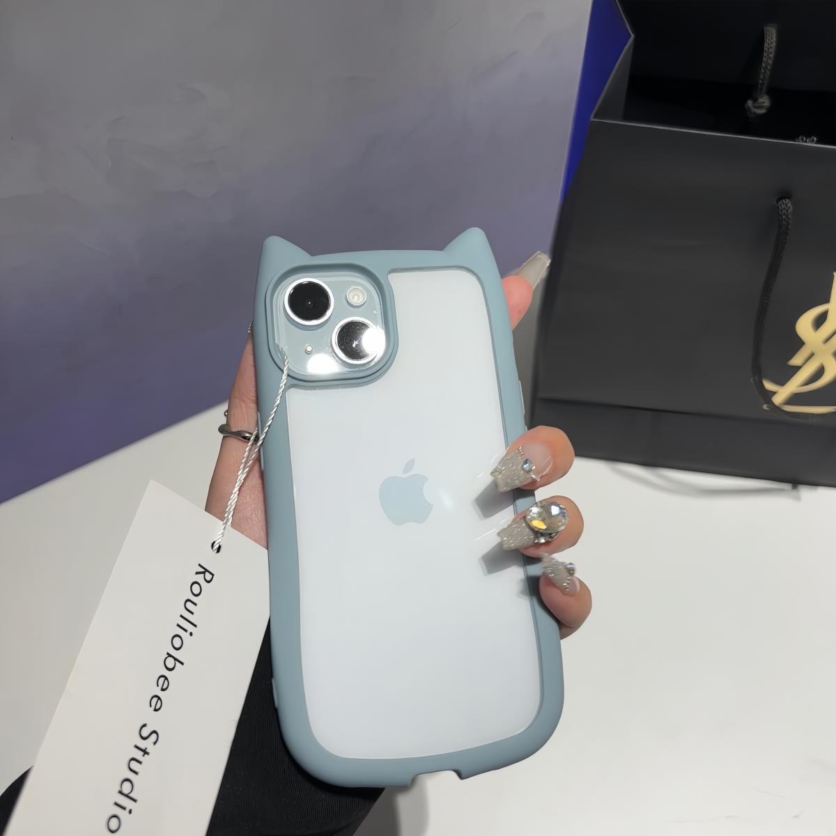 Accessories Niche three-dimensional cat ear transparent Apple 15promax mobile phone case iPhone14 new 13 girlfriends 12 sets 11