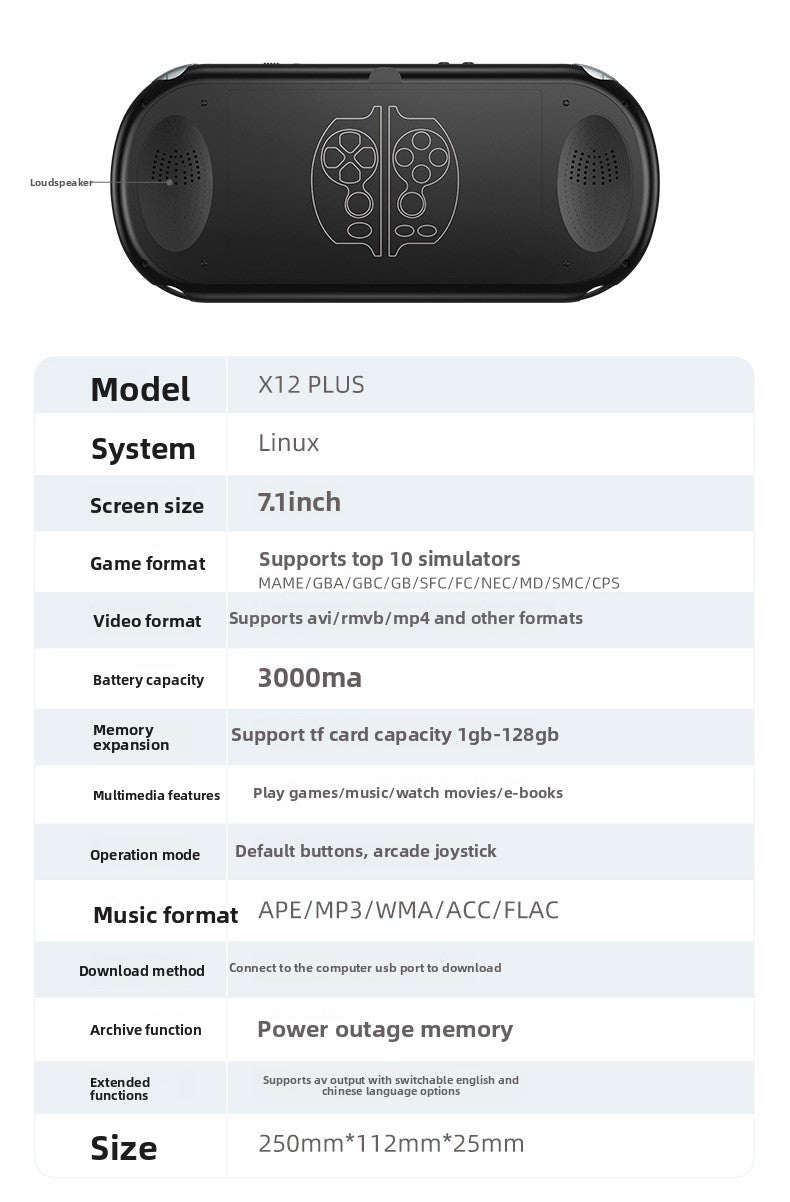 7.1" inch X12PLUS IPS HD Linux Dual Models 3000mAh rechargable 2.4G wireless gamepad games Handheld Game Player console Mini arcade 8 big emulator retro PSP handheld FC GBA