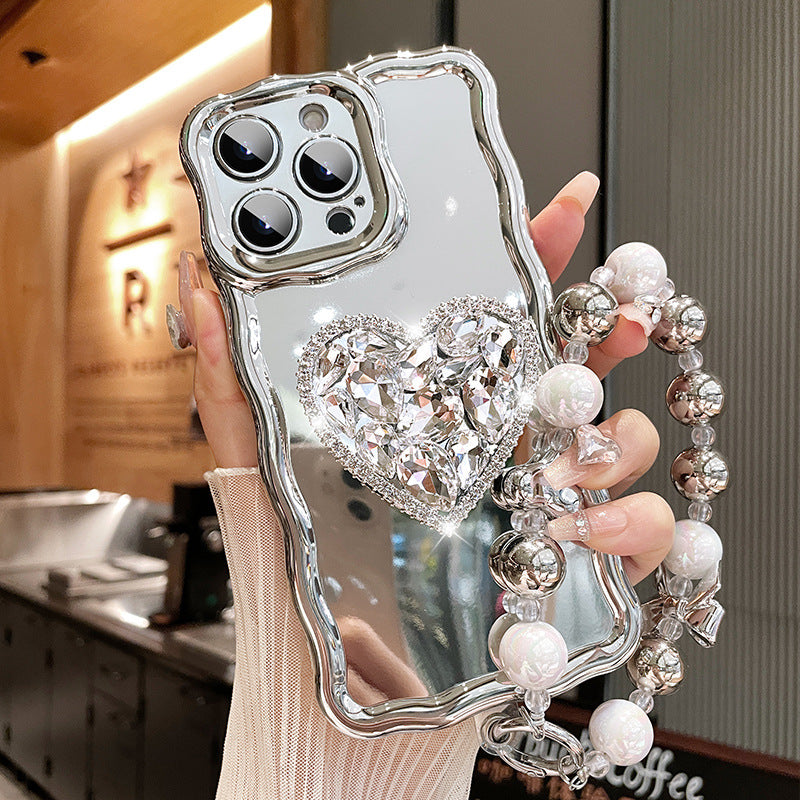 Accessories Silver mirror love rhinestone bracket for Apple 14promax mobile phone case iphone13 new 12pro