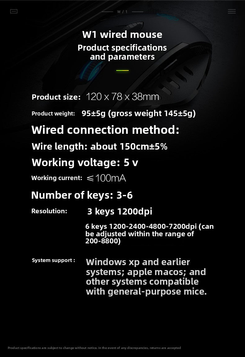 W1 silent wired mouse e-sports game mouse six-button business office luminous home