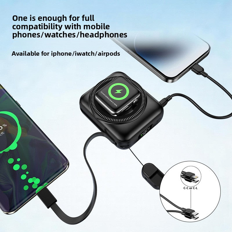 3-in-1 fast charging mobile power supply for mobile phones, earphones, watches, 10,000 mAh with cable, magnetic power bank.