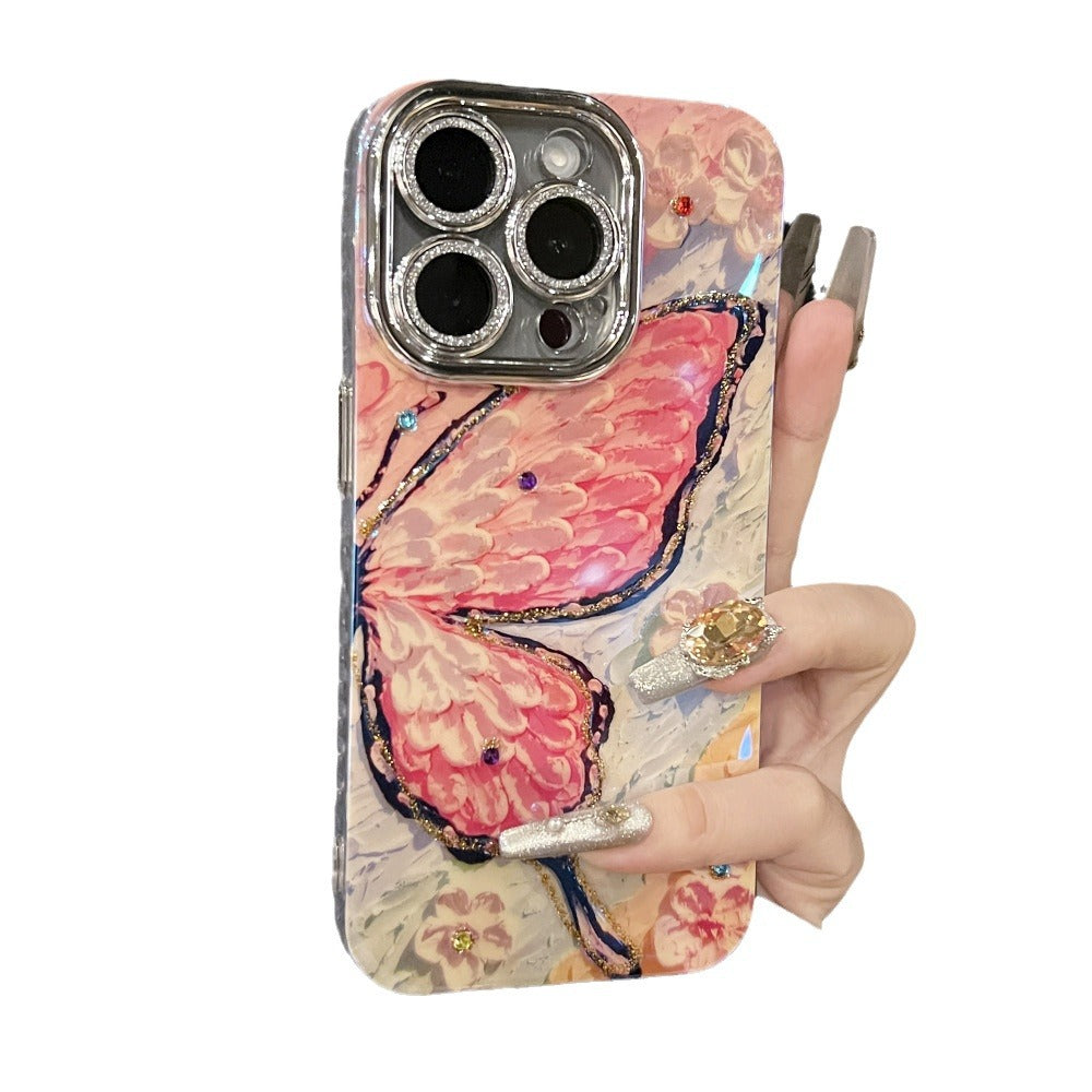 Accessories Oil Painting Butterfly Dot Drill High-end Luxury Applicable Apple 15promax Mobile Phone Case iPhone13 New 14Pro