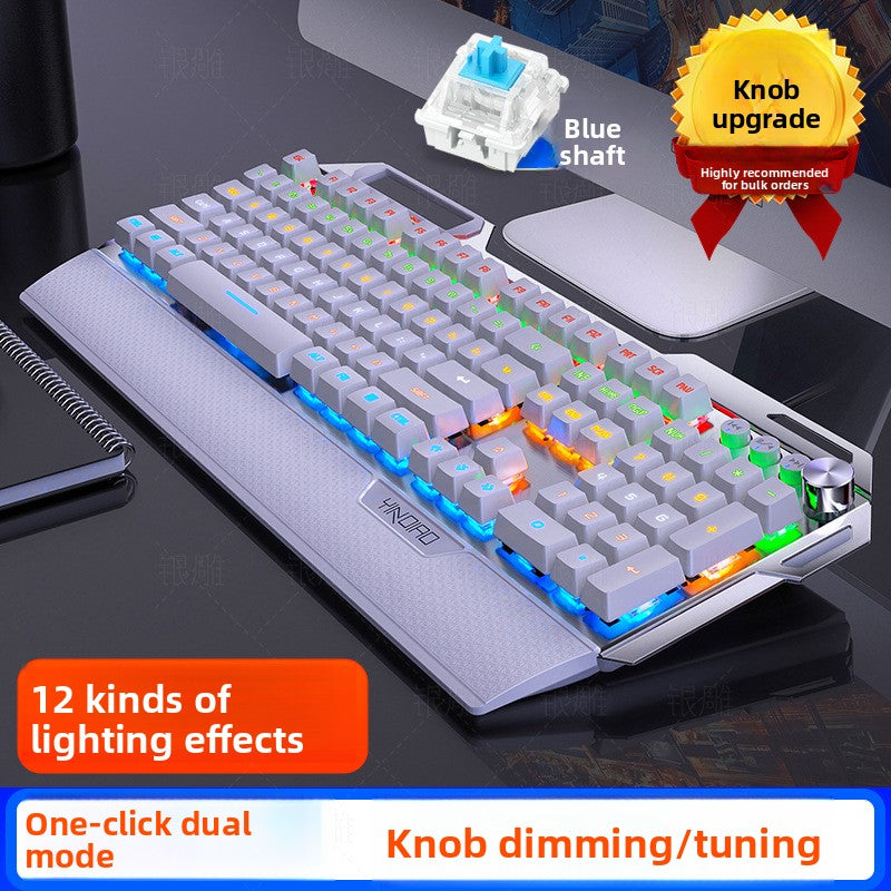 Silver engraving K100 metal real mechanical keyboard, hand rest knob game blue axis wired USB