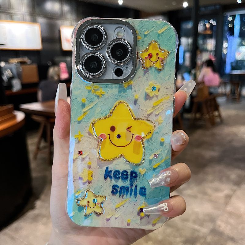 Accessories are suitable for Apple series iPhone15 new shell, cute smudge powder, multiple smiley faces, all-inclusive stars, anti-drop 14 tide