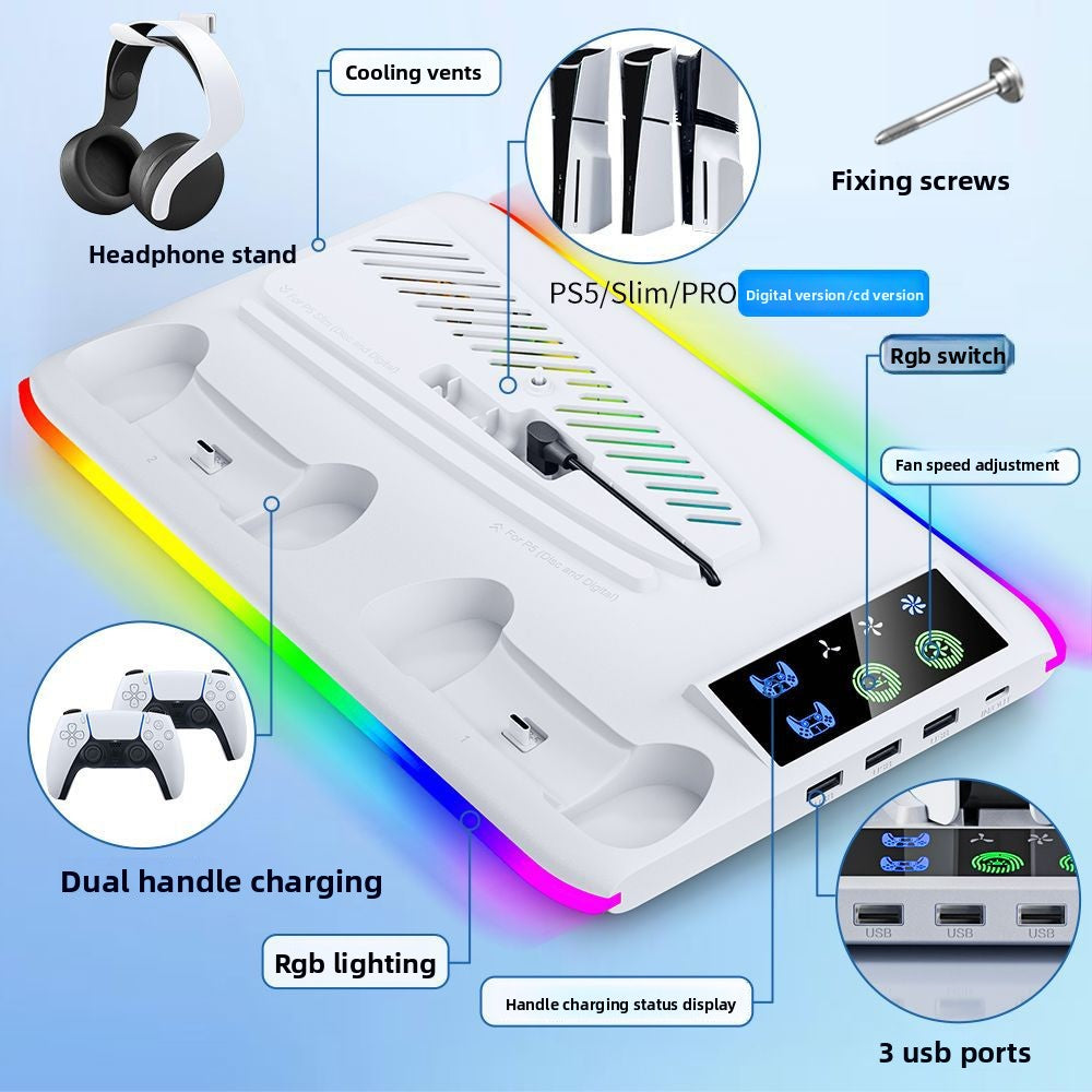 PS5 SLIM PRO Universal host Cooling base Multifunctional fan bracket Dual handle seat charger with RGB light