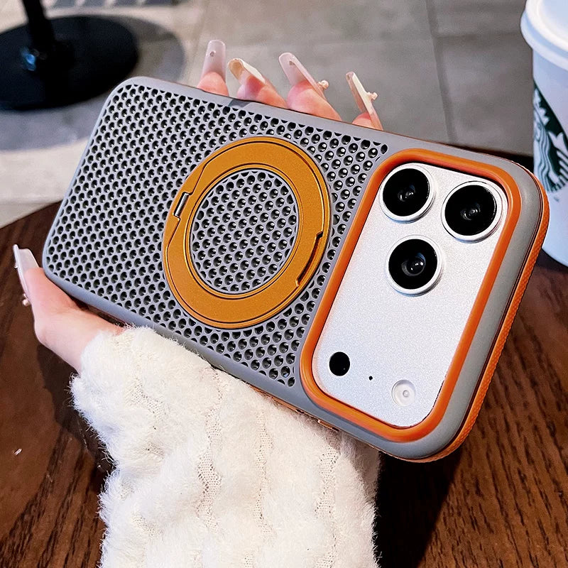 Two-color honeycomb bracket for iPhone 17promax mobile phone case New iPhone16 contrasting color honeycomb heat dissipation with 360 ° rotating bracket 15pro breathable, shell Phone accessories