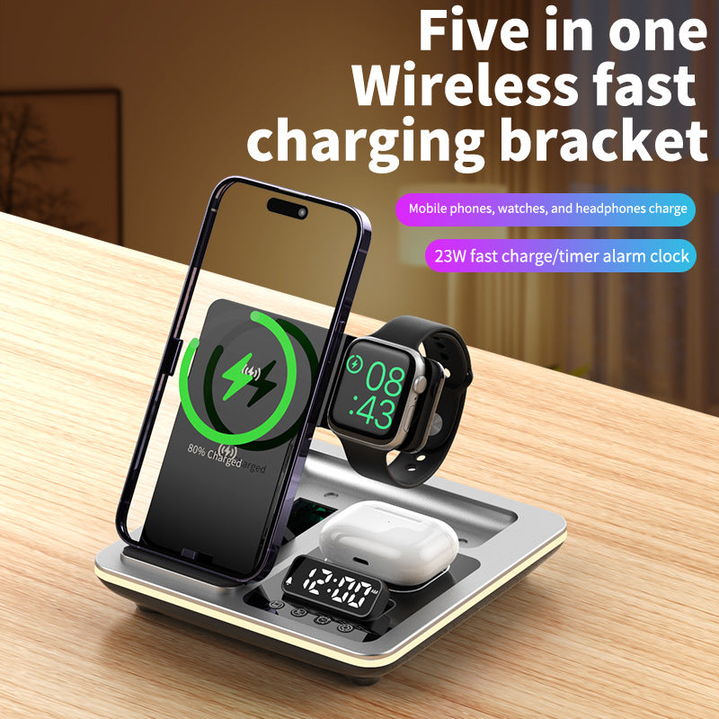 Popular folding three-in-one wireless charger, desktop mobile phone holder, multi-function clock digital display wireless charging
