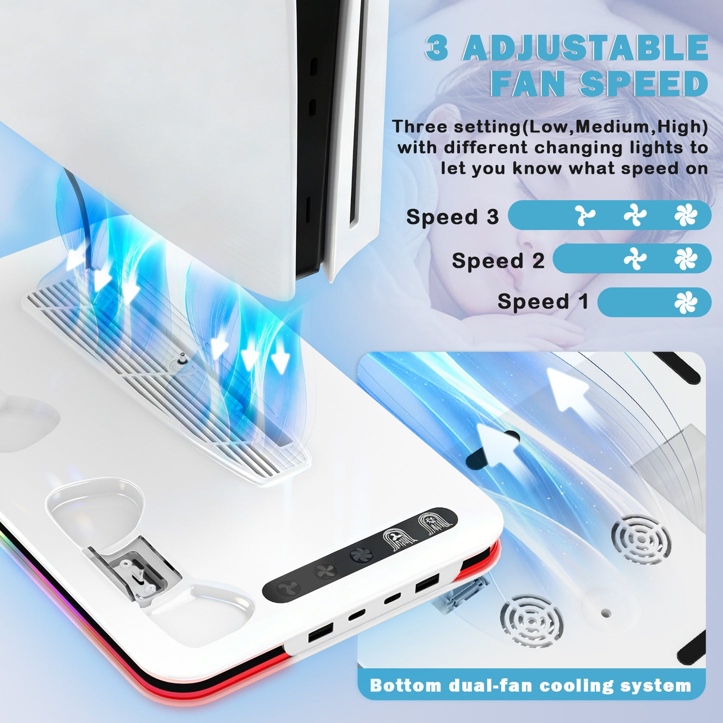 PS5/SLIM/PRO Multifunctional Host Cooling Fan Seat Charger Host Cooling Base Storage Rack with RGB Light