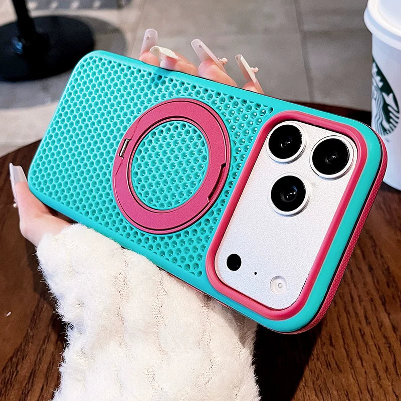 Two-color honeycomb bracket for iPhone 17promax mobile phone case New iPhone16 contrasting color honeycomb heat dissipation with 360 ° rotating bracket 15pro breathable, shell Phone accessories