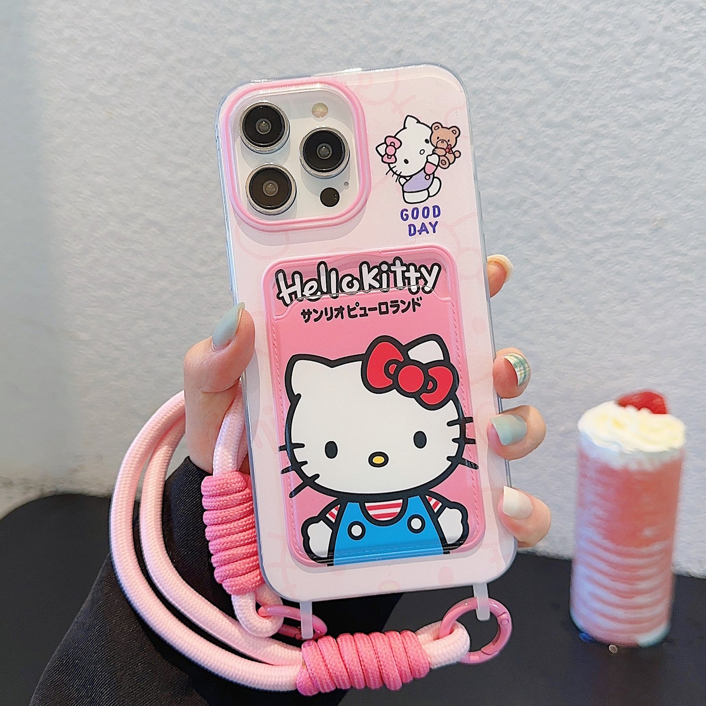 Accessories for Apple 15iPhone14Pro cute 13promax cartoon card bag lanyard kitty cat Internet celebrity soft case