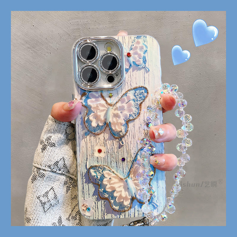 Accessories for Apple 15ProMax mobile phone case iPhone14 blue light point diamond oil painting butterfly flower 12 Korean women's models