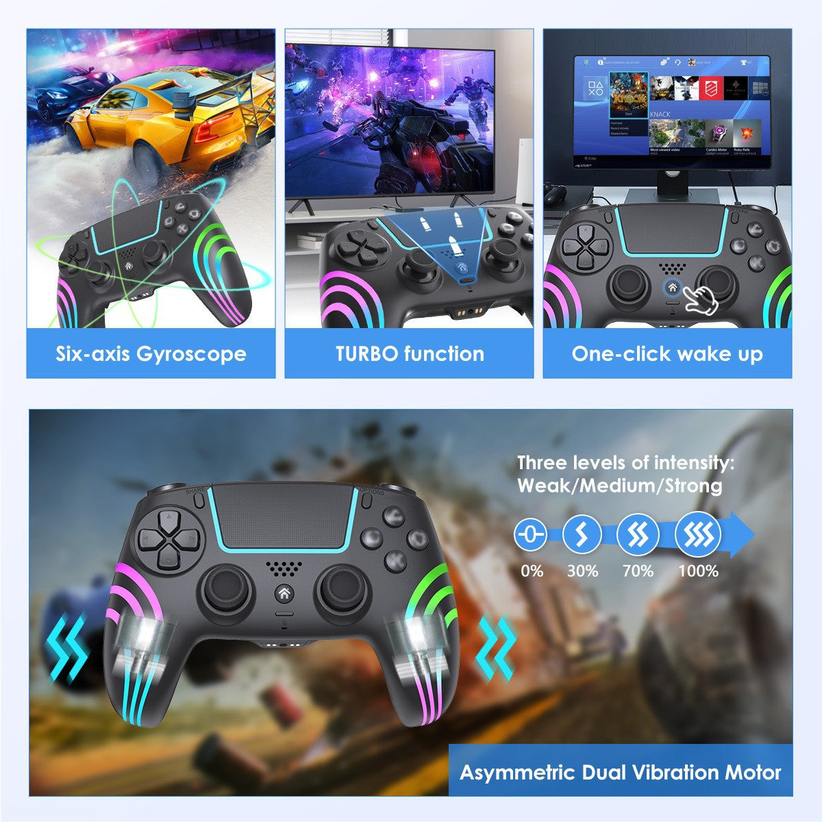 PS4 wireless handle, Bluetooth somatosensory gamepad, colorful lights P4 controller, computer PC tablet universal handle