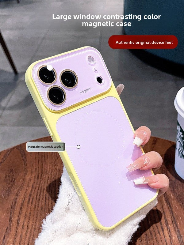 Large window contrast magnetic suction for iPhone 17promax mobile phone case New iPhone16 seconds change 17pro Large window fine ring magnetic suction protective case 15pro Women's case Phone accessories