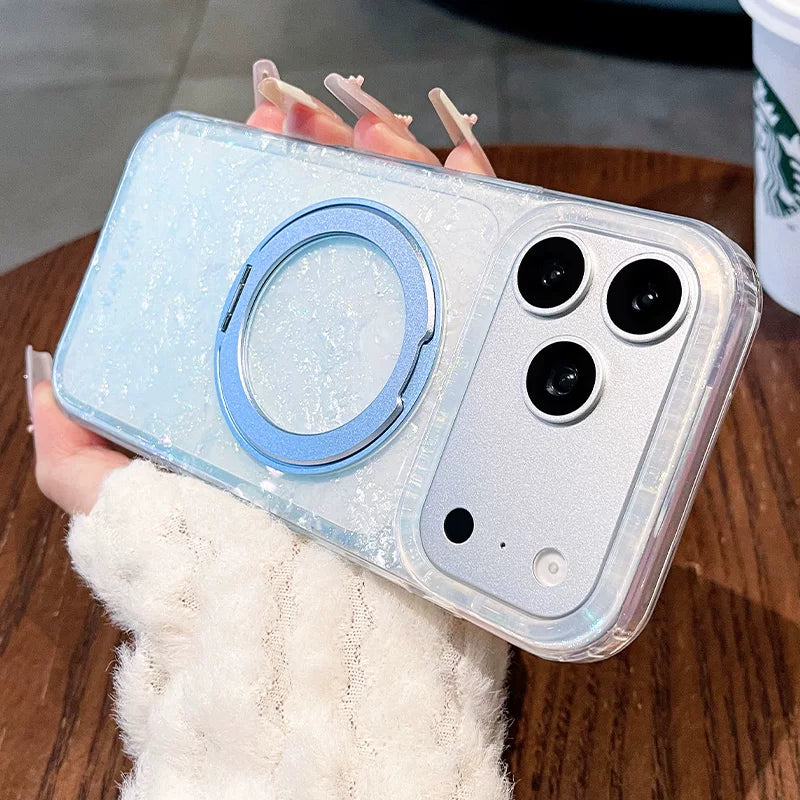 Gilded shell pattern stand for iPhone 17 Pro Max phone case, new iPhone 16 gradient gradient gradient with built-in pearlescent glitter protective cover, 15 Pro stand case, Phone accessories