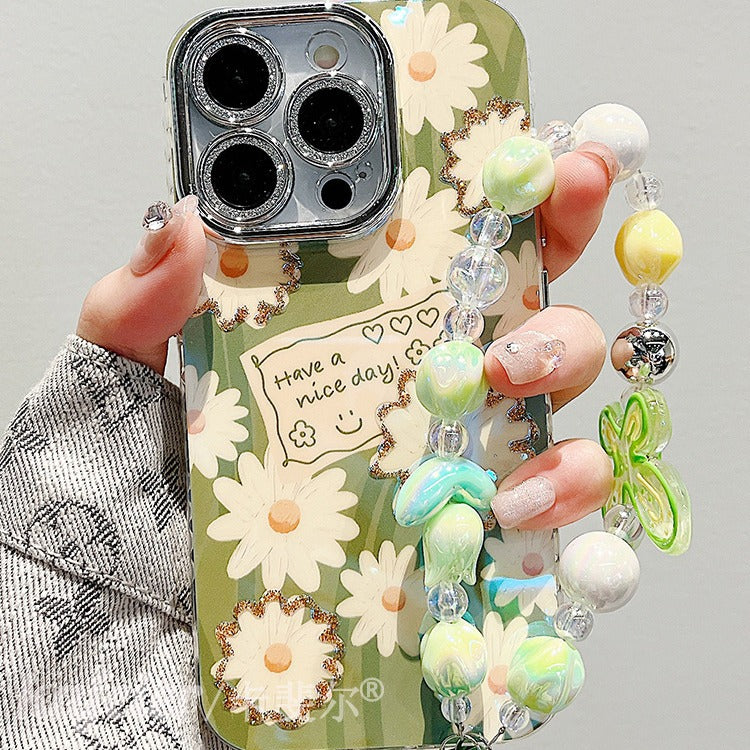 Accessories for premium sense point drill oil painting daisy flower bracelet iphone15pro max mobile phone case apple 14 new