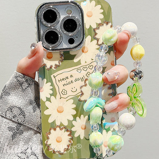 Accessories for premium sense point drill oil painting daisy flower bracelet iphone15pro max mobile phone case apple 14 new