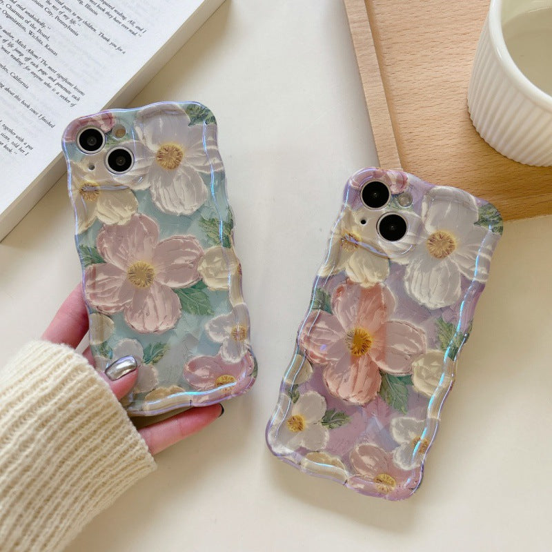 Accessories green purple bottom oil painting flower twist edge mobile phone tide case Internet celebrity iPhone case new creative iPhone 15 Apple