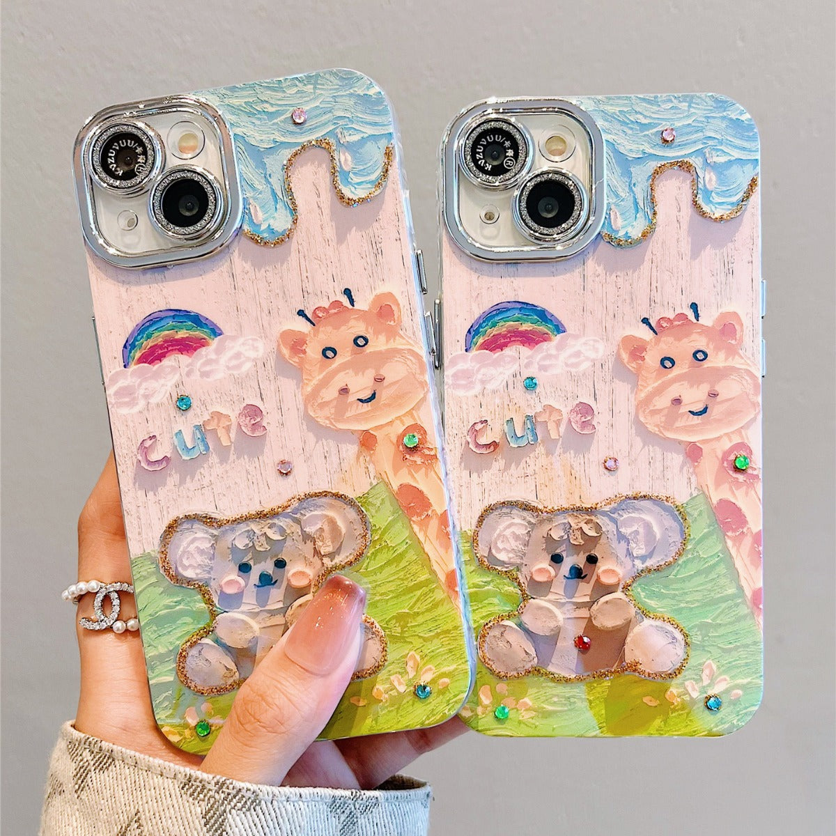 Accessories for iPhone 15 mobile phone case iphone14promax oil painting giraffe bear 13 blue light point drill lens film