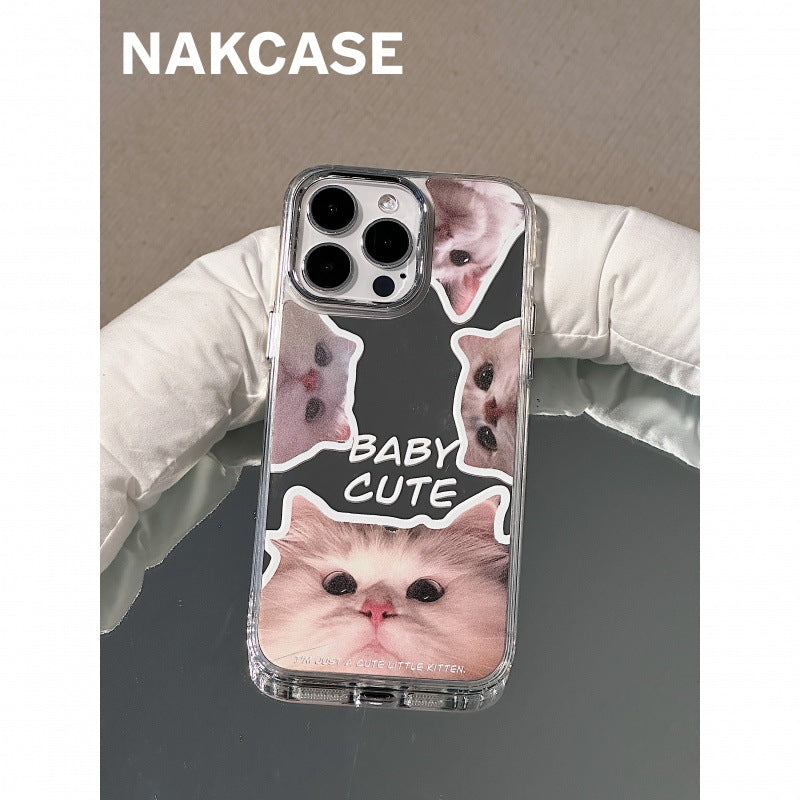 Accessories ins cute pet electroplated mirror big face cat apple 14promax/iPhone13/12pr mobile phone case