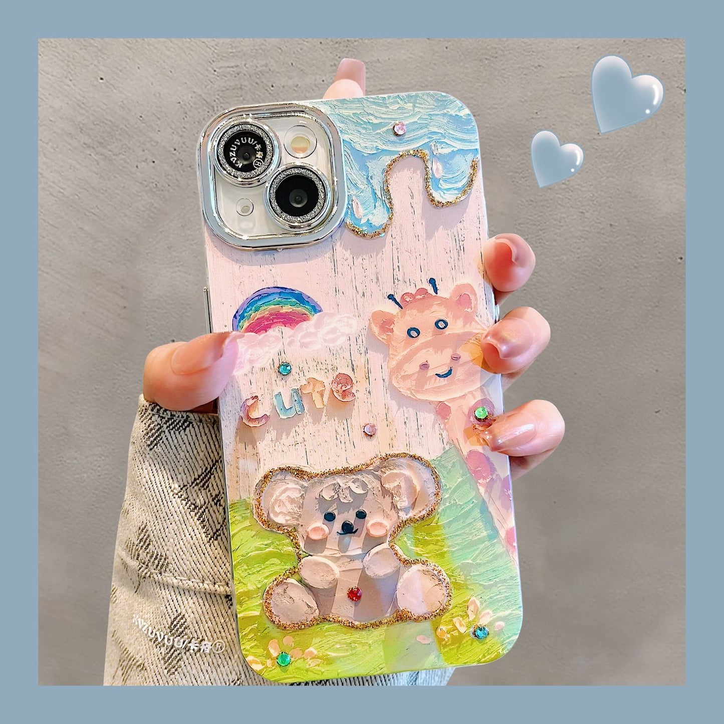 Accessories for iPhone 15 mobile phone case iphone14promax oil painting giraffe bear 13 blue light point drill lens film