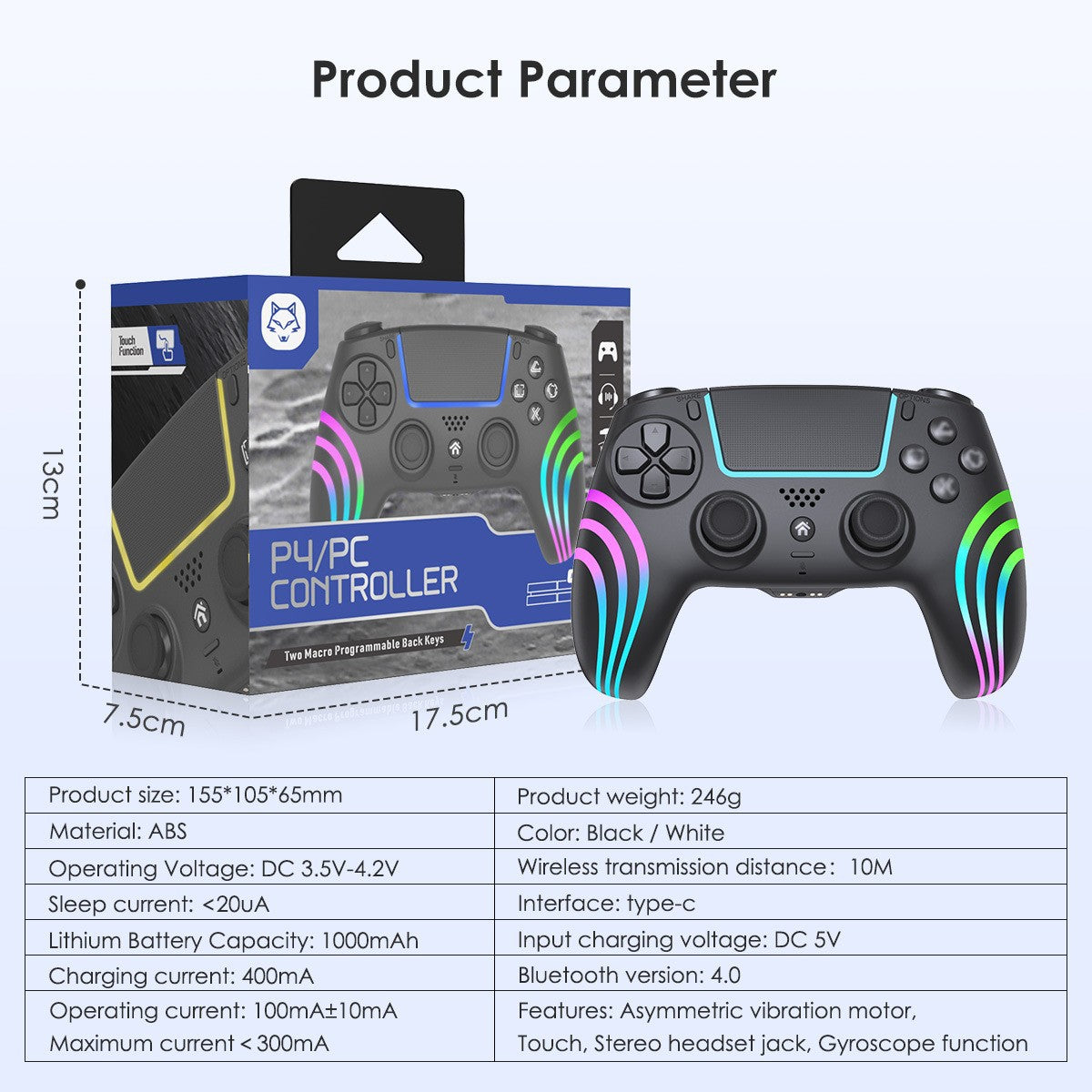 PS4 wireless handle, Bluetooth somatosensory gamepad, colorful lights P4 controller, computer PC tablet universal handle