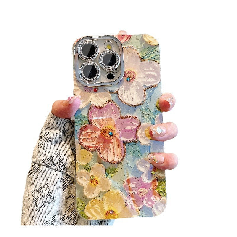 Accessories for Apple 15ProMax mobile phone case iPhone14 Hyunya wind blue light point diamond oil painting flower 12 glitter mirror