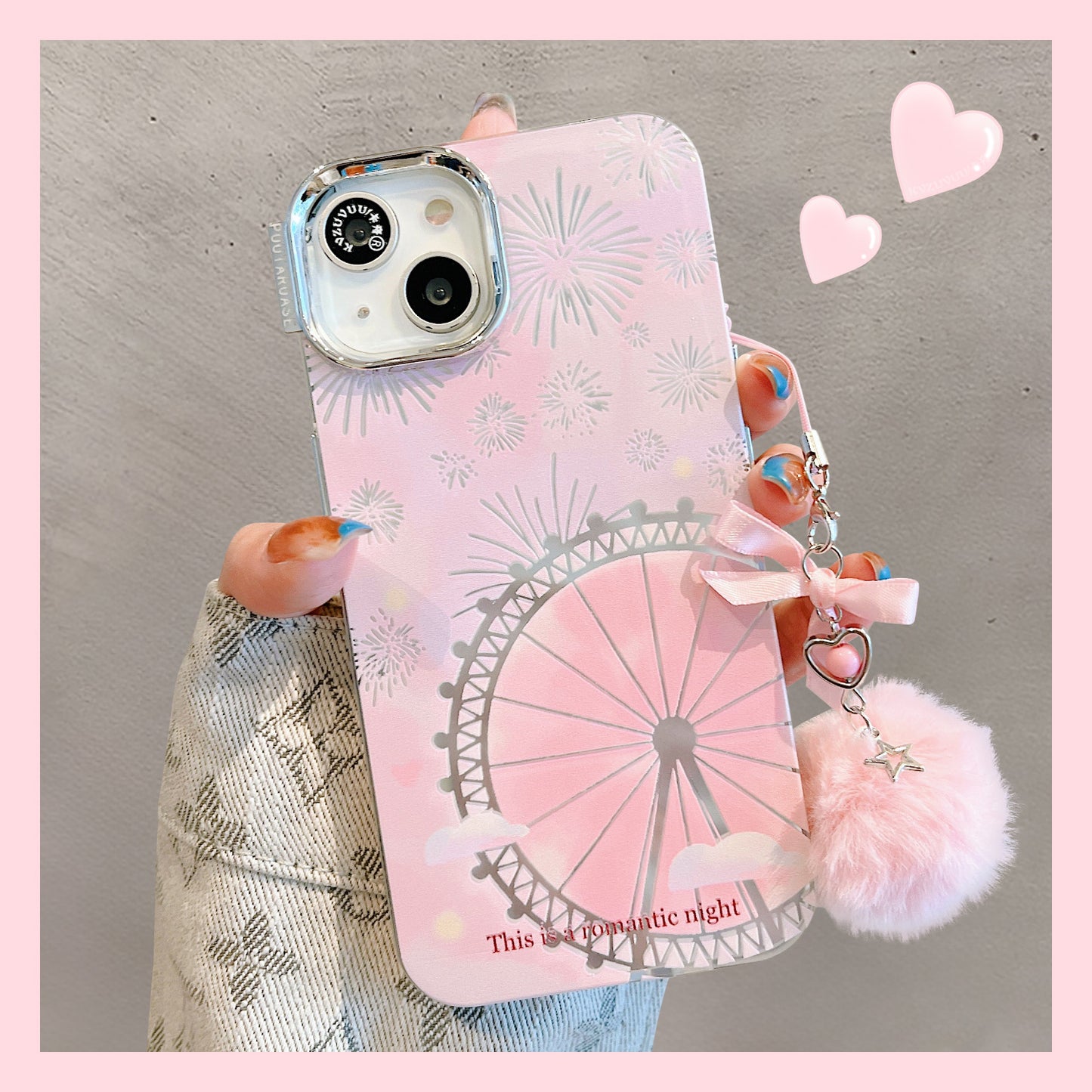 Accessories for Apple 14 mobile phone case iphone15promax pink Ferris wheel fireworks plush bow pendant 13