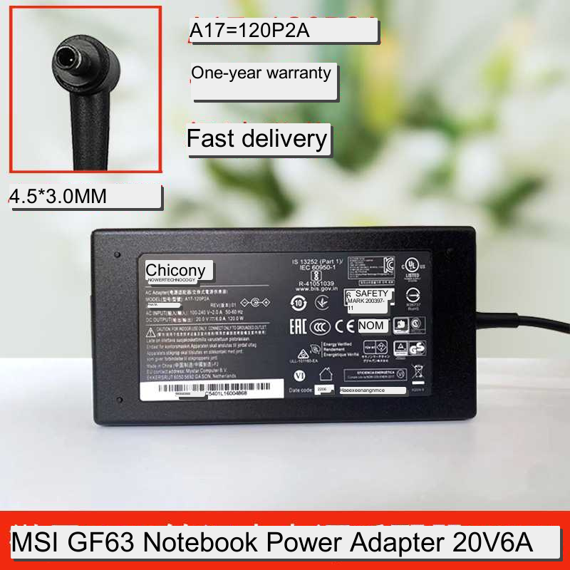 Genuine New  AC Adapter Charger for MSI GF63 notebook power adapter 20V 6A 4.5*3.0MM 5.5*2.5mm Power supply  MSI laptop repair parts