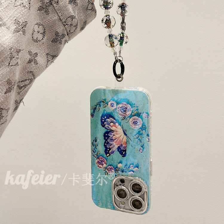 Accessories for high-end aesthetic oil painting flower butterfly bracelet iphone15pro max mobile phone case apple 13 new