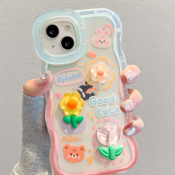 Accessories Frog Flower for Apple 13/14 Double Stand New iPhone 15 Cute Niche Mobile Phone Case Creative Cartoon