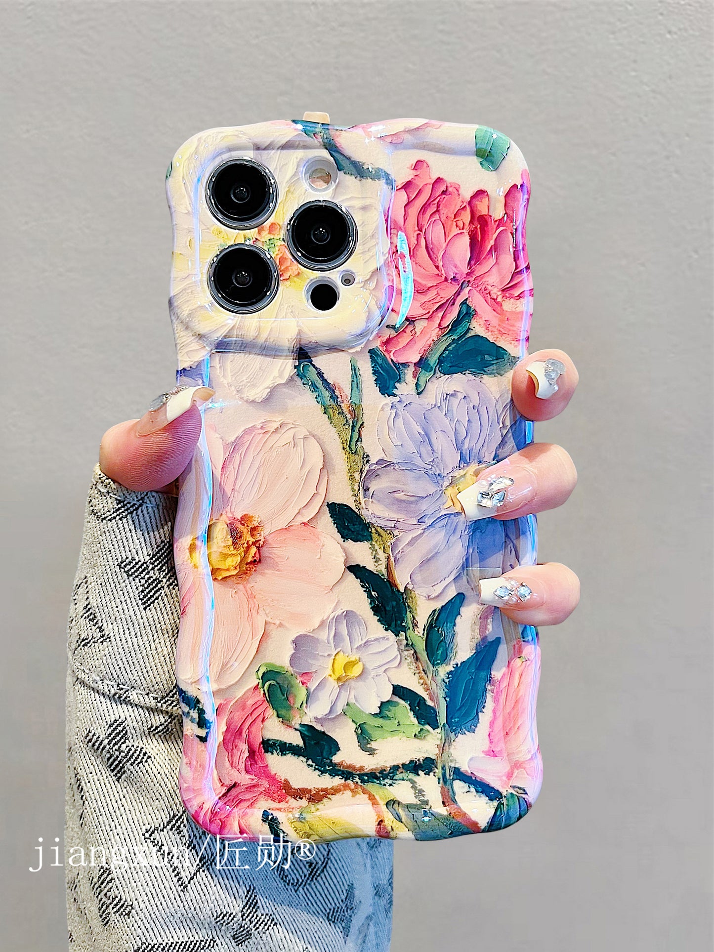 Accessories for iPhone15promax phone case 13/14 blue oil painting flower ins wind 14promax apple 15