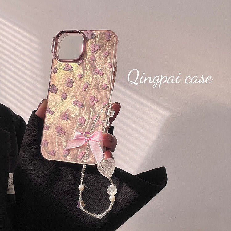 Accessories electroplated ins pink flower chain for iPhone15Pro mobile phone case Apple 14 new 13 women's 12 trendy