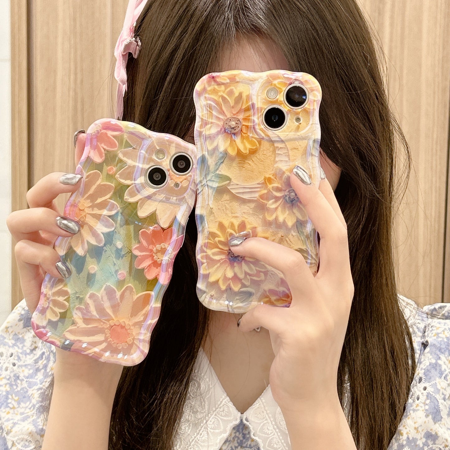 Accessories [Apple] iPhone14/13/12promax Wave Edge Blue Oil Painting Flowers Anti-drop Female New Phone Case