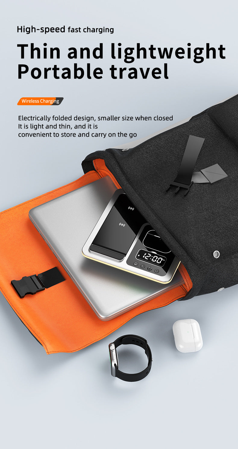 Popular folding three-in-one wireless charger, desktop mobile phone holder, multi-function clock digital display wireless charging