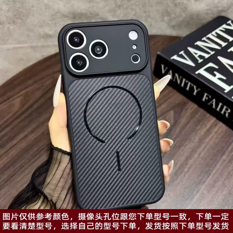 Ultra-thin carbon fiber pattern magnetic attraction for iPhone 18promax mobile phone case fine hole large window iPhone17pro fine hole all-inclusive TPU soft case 16plus anti-fingerprint 15/14/13 advanced sense Phone accessories