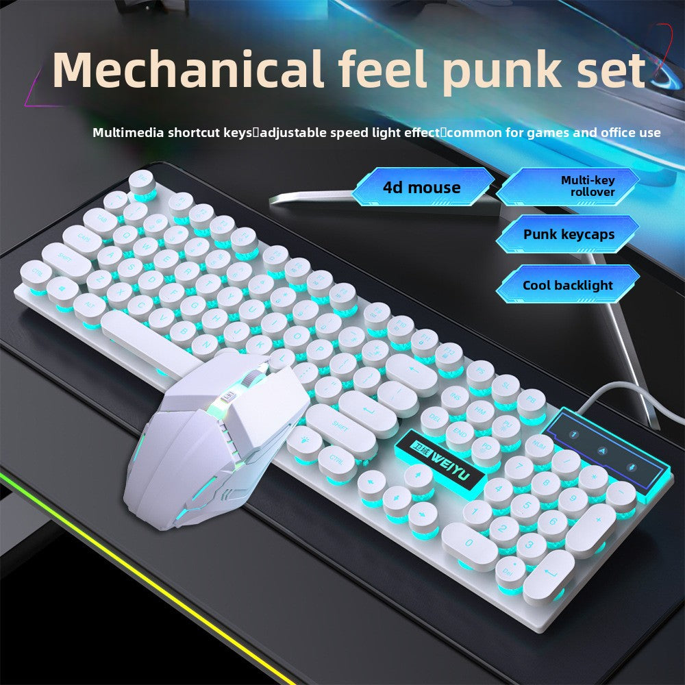 Floating retro punk keycaps mechanical feel wired keyboard mouse luminous set game office desktop computer