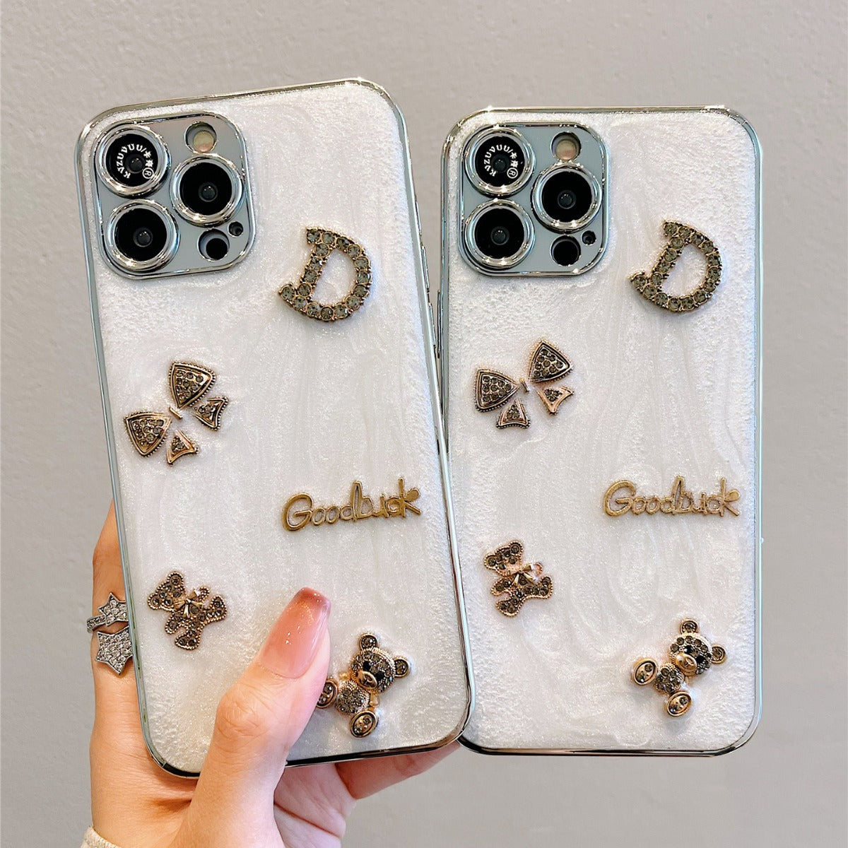 Accessories for iPhone 15 mobile phone case iphone14promax three-dimensional rhinestone letter bear 13 simple ins wind 12