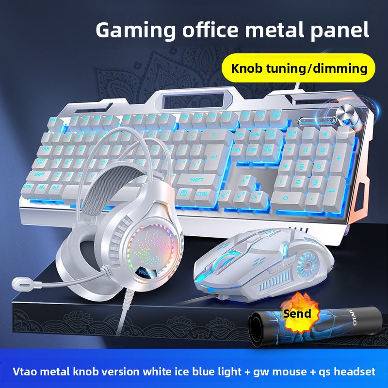 Silver Carving V2G5-white Mechanical Feel Metal Keyboard Mouse Headset Three-piece Set USB Wired Gaming Computer Accessories