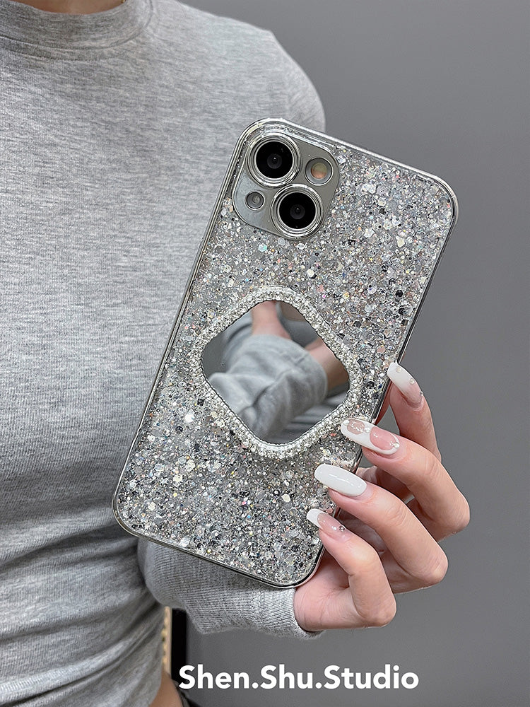 Accessories Luxury glitter sequin makeup mirror for iphone15promax mobile phone case Apple 14 new 13pro