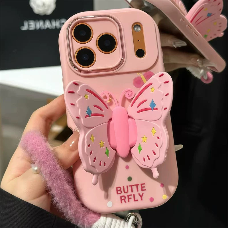 Wonderful pink butterfly for iPhone 17promax plush lanyard mobile phone case 16 huawei mate70 new butterfly bracket OPPO Reno14 metal little fat girl vivos30 millet 15 soft Phone accessories