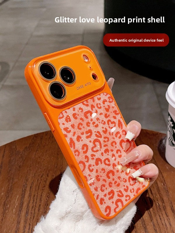 Glitter love leopard print for iPhone 17promax mobile phone case new iPhone16 seconds change 17pro large window lens film all-inclusive 15pro sweet cool women's shell Phone accessories