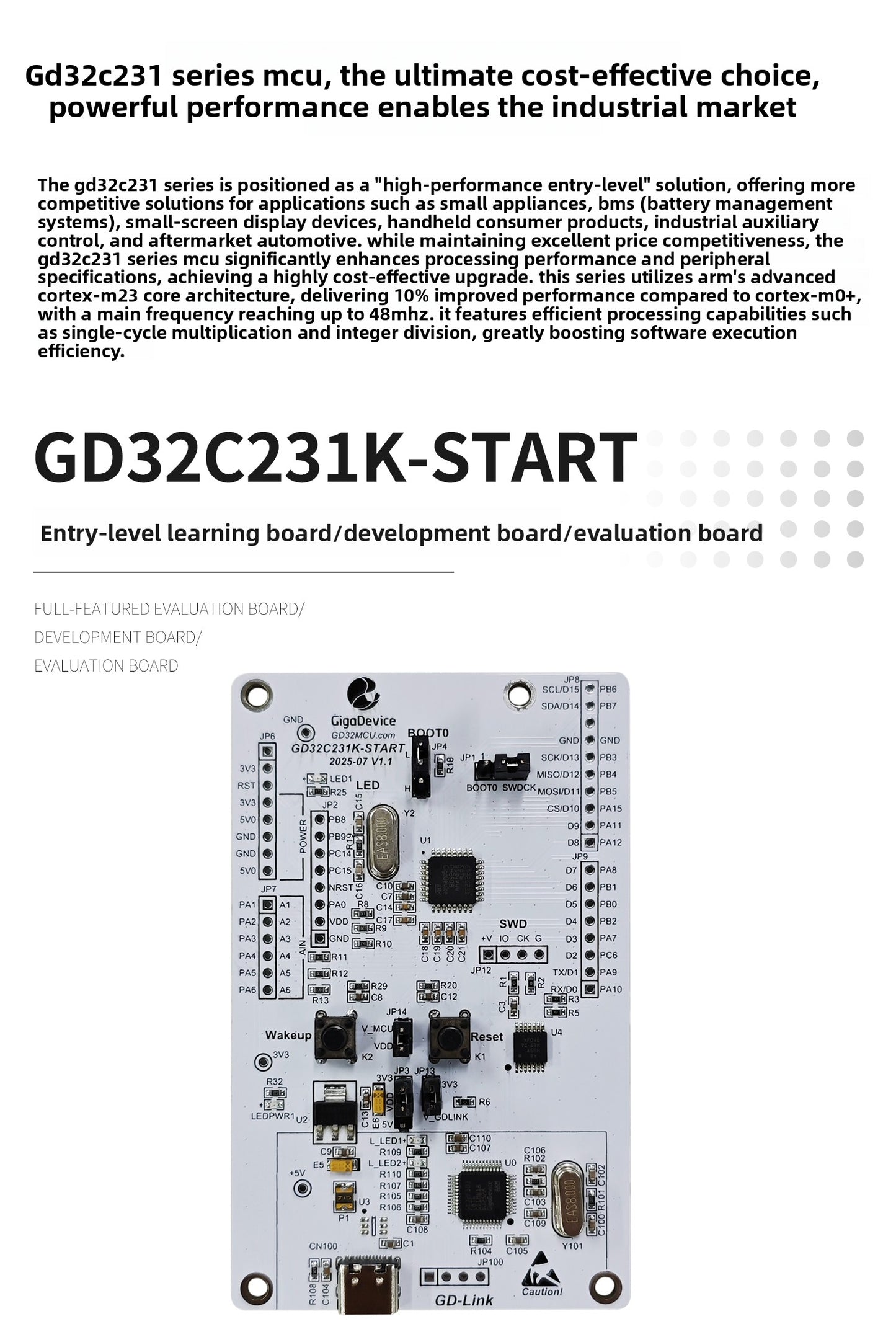 Entry-level development board by GigaDevice built around the Arm Cortex-M23 core GD32C231K-START Cortex-M23  entry-level microcontroller MCU Development Kit tools