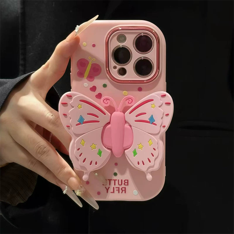 Wonderful pink butterfly for iPhone 17promax plush lanyard mobile phone case 16 huawei mate70 new butterfly bracket OPPO Reno14 metal little fat girl vivos30 millet 15 soft Phone accessories
