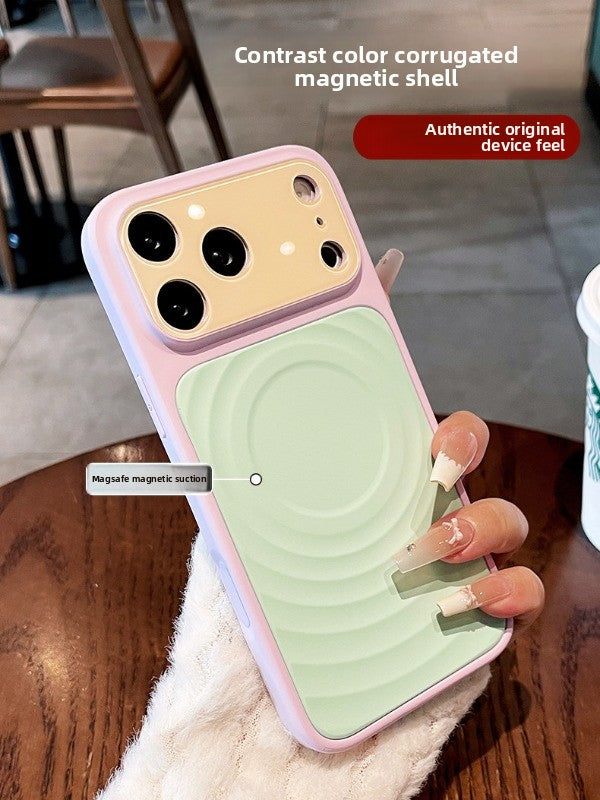 Contrast color ripple magnetic For iPhone 18promax mobile phone case New iPhone17 Macaron Contrast color ripple magnetic case 16pro Built-in magnetic suction women's case Phone Accessories