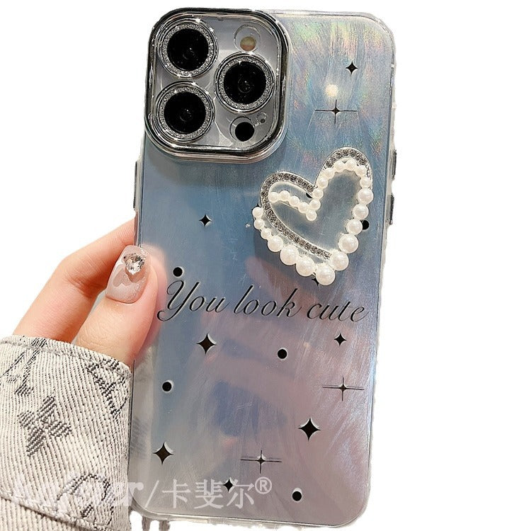 Accessories Suitable for high-end silver feather yarn three-dimensional love bracelet iphone14promax mobile phone case Apple 15 new model