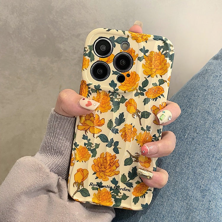 Accessories ins wind green leaves full screen yellow flowers suitable for apple 15promax mobile phone case iphone14pro advanced sense 13p