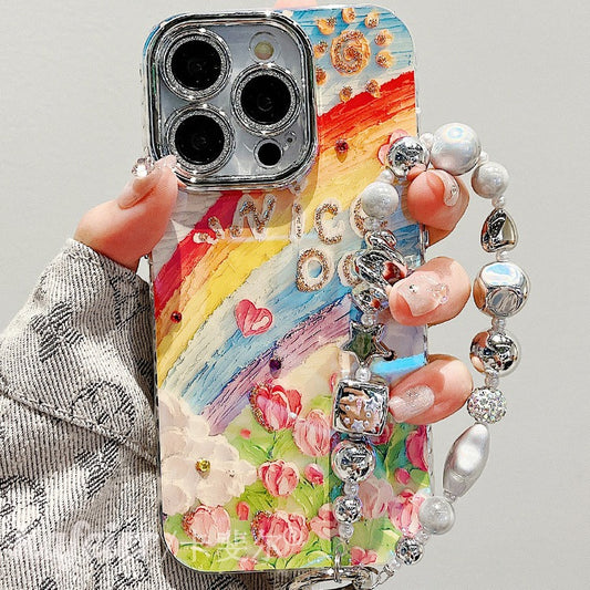 Accessories for premium art oil painting rainbow flower bracelet iphone15pro max phone case apple 13 new