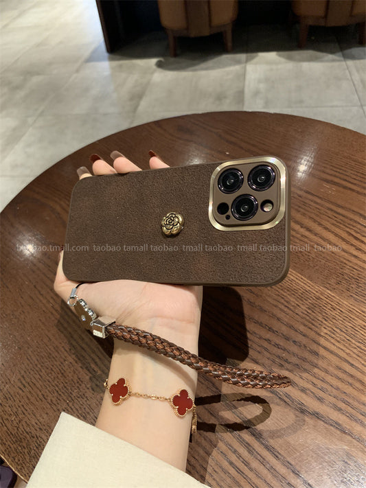 Accessories Xiaoxiangfeng Golden Circle Camellia Hand Rope Suitable for Apple 14 Mobile Phone Case iphone14promax High-end Leather 13