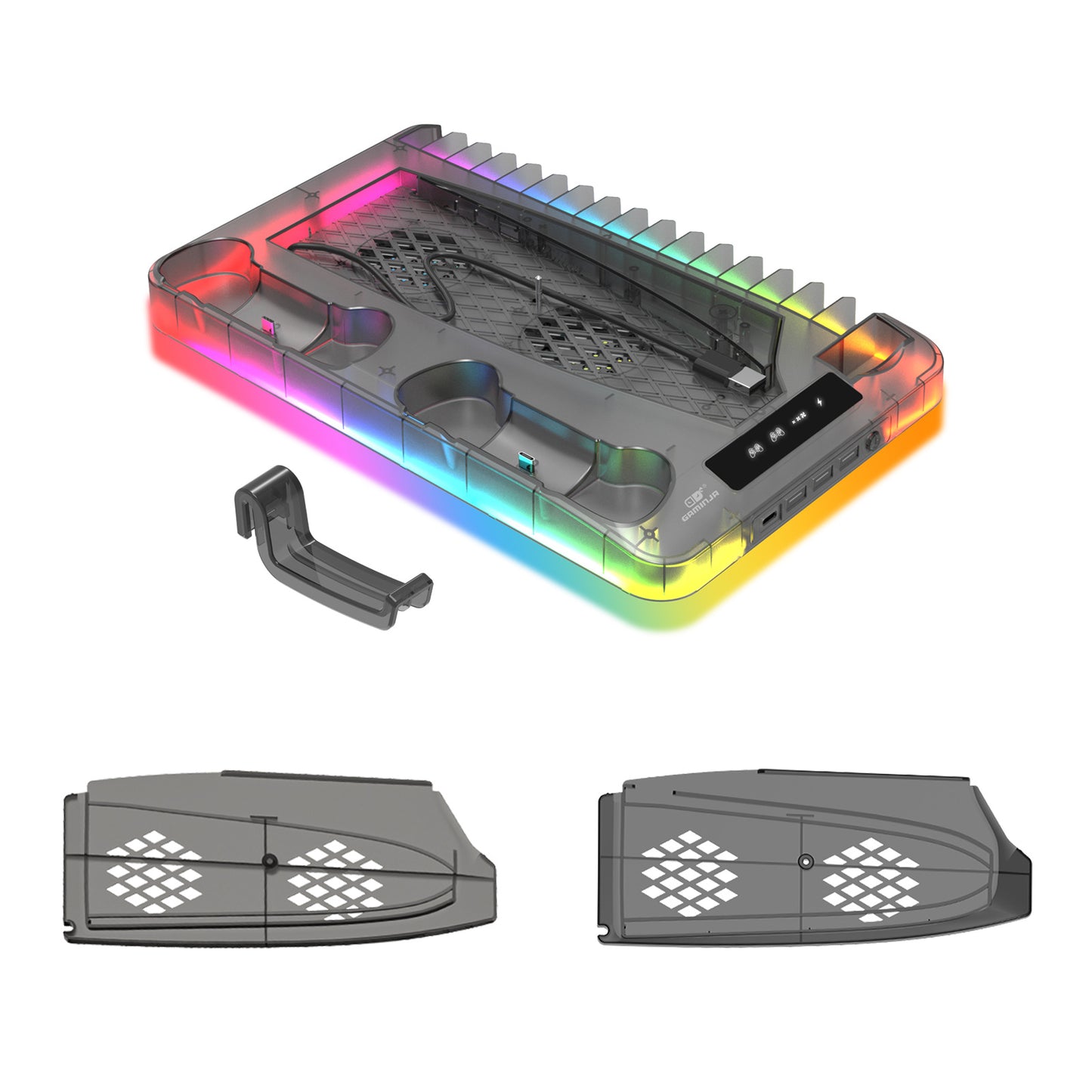 The PS5 slim/pro cooling base Stand with RGB lights PS5 controller charging dock for storing game discs  headphones